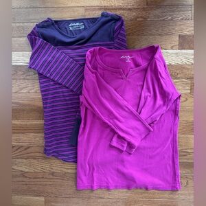 Bundle of 2 women’s Eddie Bauer shirts.Long sleeved size S, 3/4 sleeved, size M.